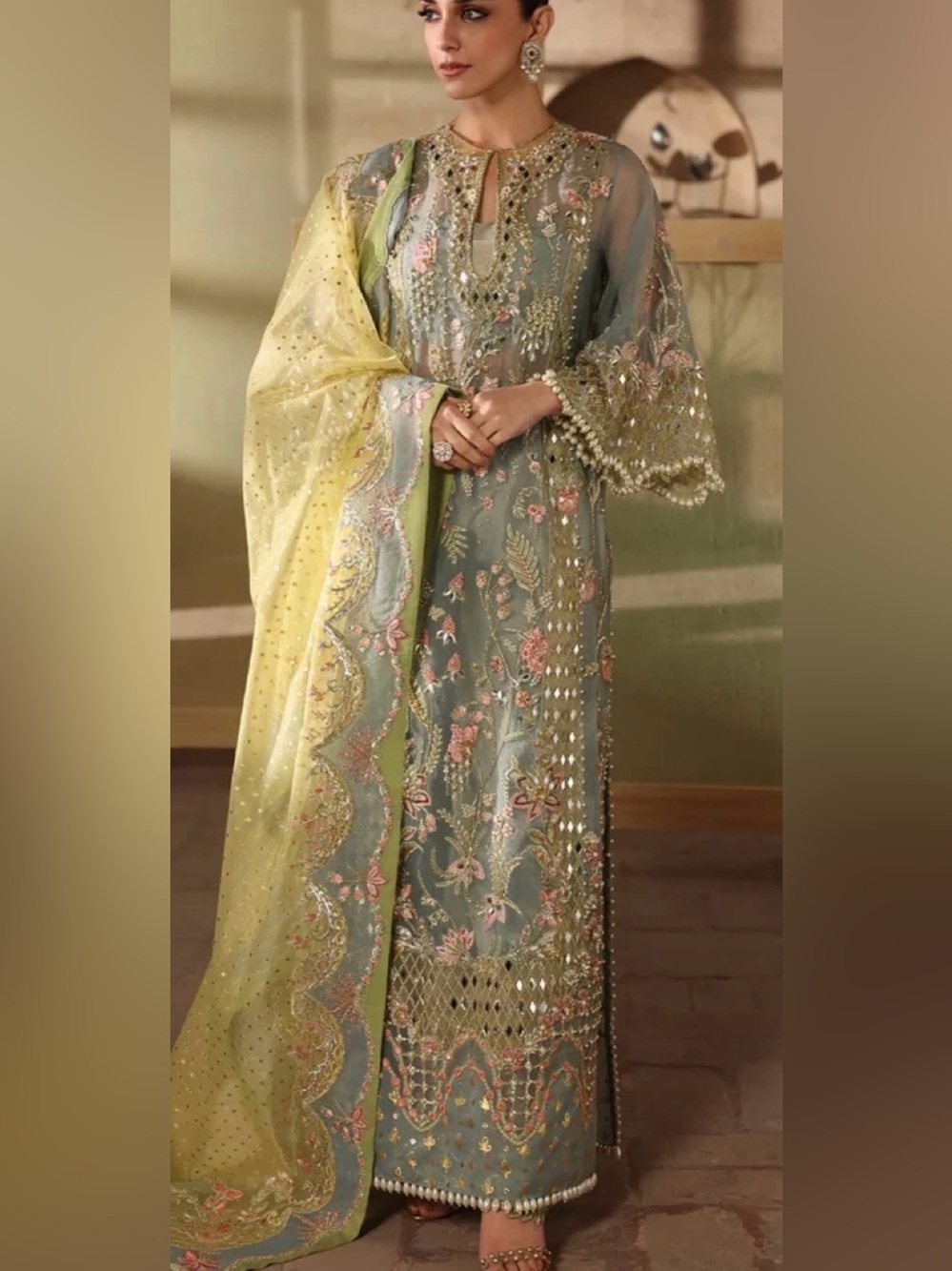 Boutique Mint Green Embroidered Long Sleeve Dress with Pale Yelllow shisha work